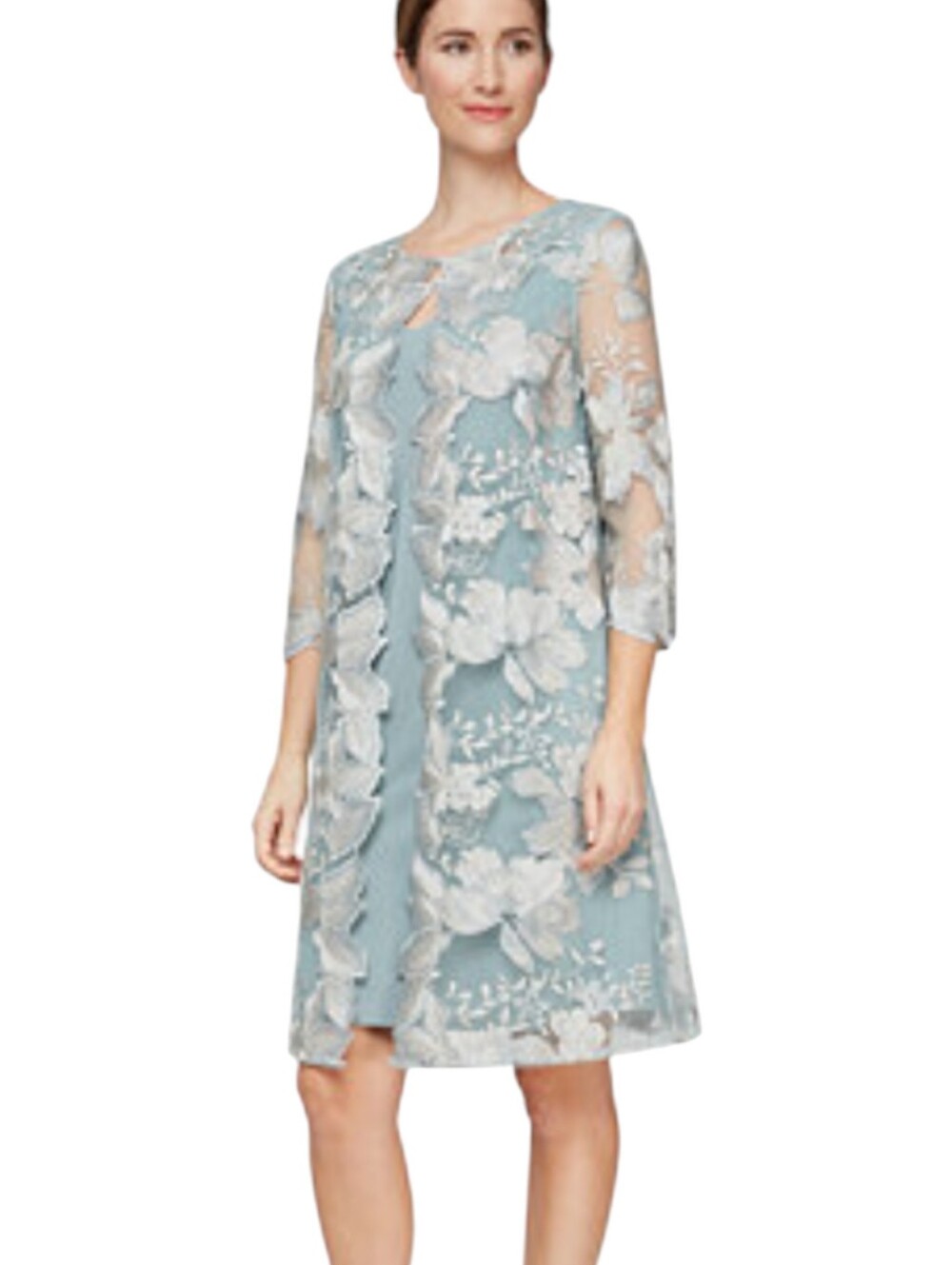 Alex Evenings Ice Sage Blue Embroidered Sheer Floral Overlay Party Dress 8